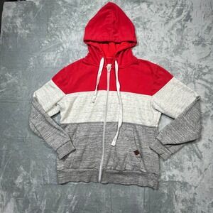 Doublju Zip Up Hoodie Women L Red Cream Grey Color Block Fleece Lined Casual
